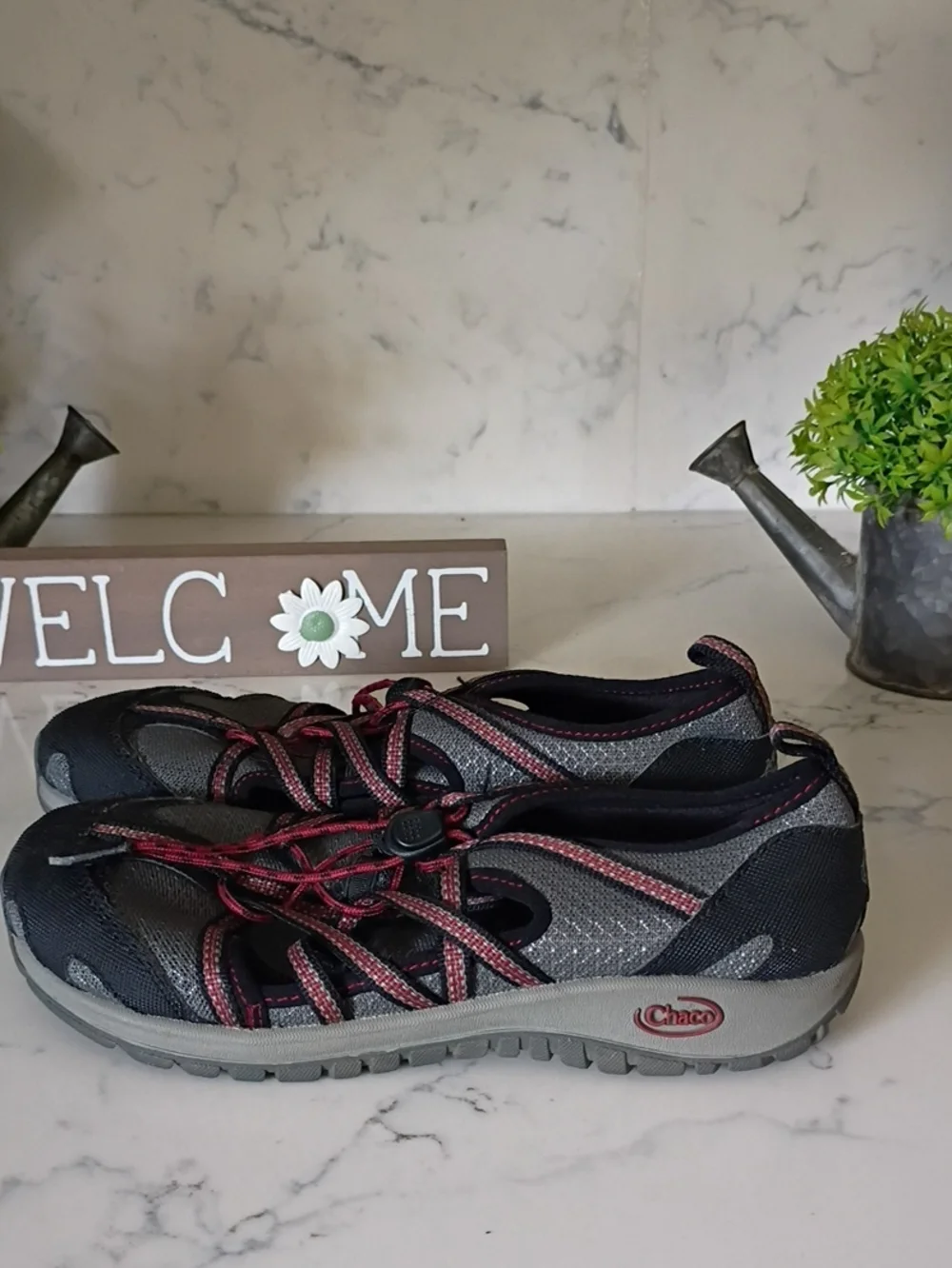 Chaco Kids Gray and Black Water Shoes with Red Laces